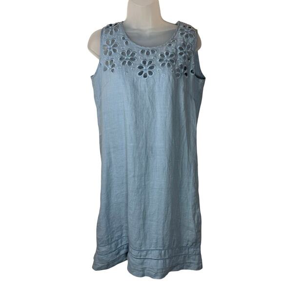 100% Linen Light Blue Embroidered Floral Knee Length Preppy Cottage S Sleeveless - Picture 1 of 8